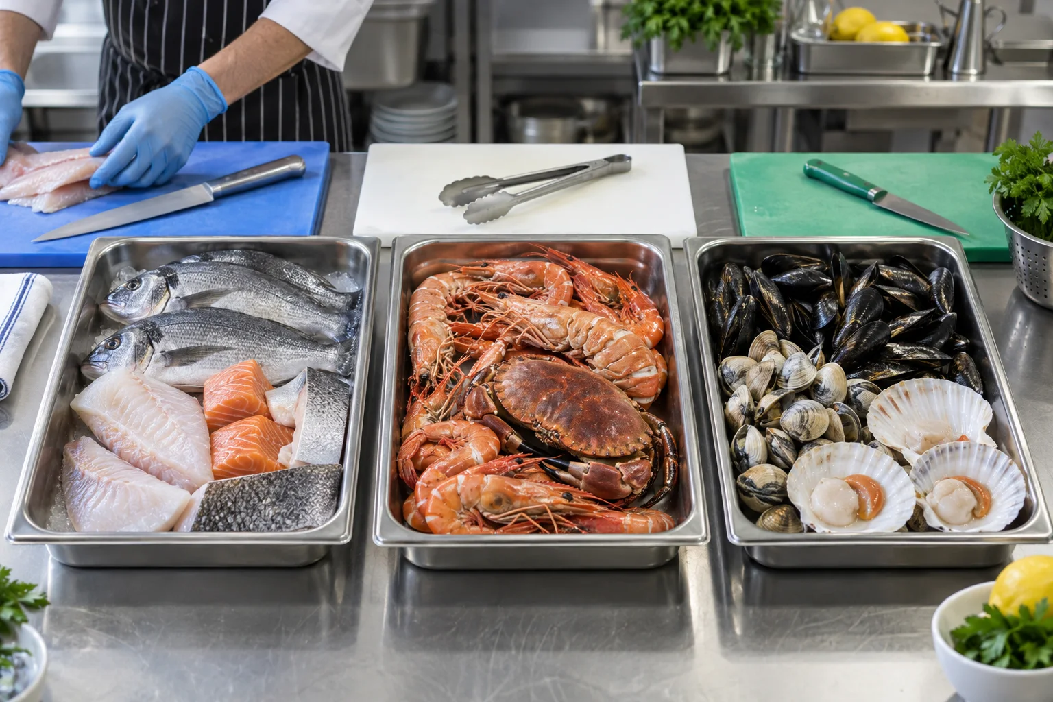 Pescado, crustáceos y moluscos separados en bandejas y zonas de preparación distintas