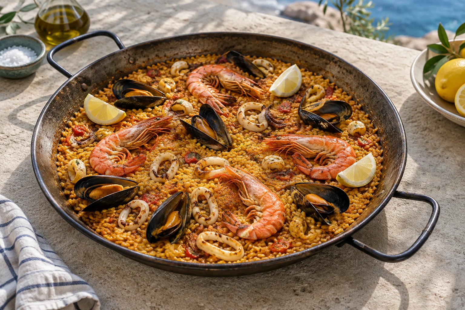 Arroz de marisco con gambas, mejillones y calamar en una paellera