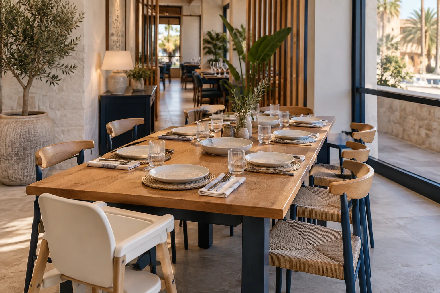 Mesa de restaurante preparada para ocho personas con trona y pasillo accesible