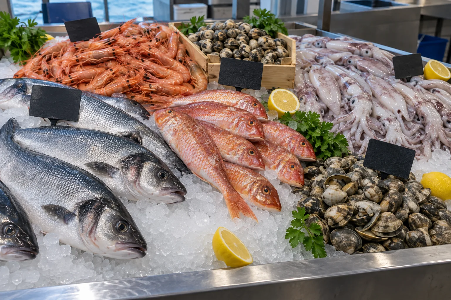 Pescados, gambas, almejas y calamares expuestos sobre hielo en un mercado mediterráneo