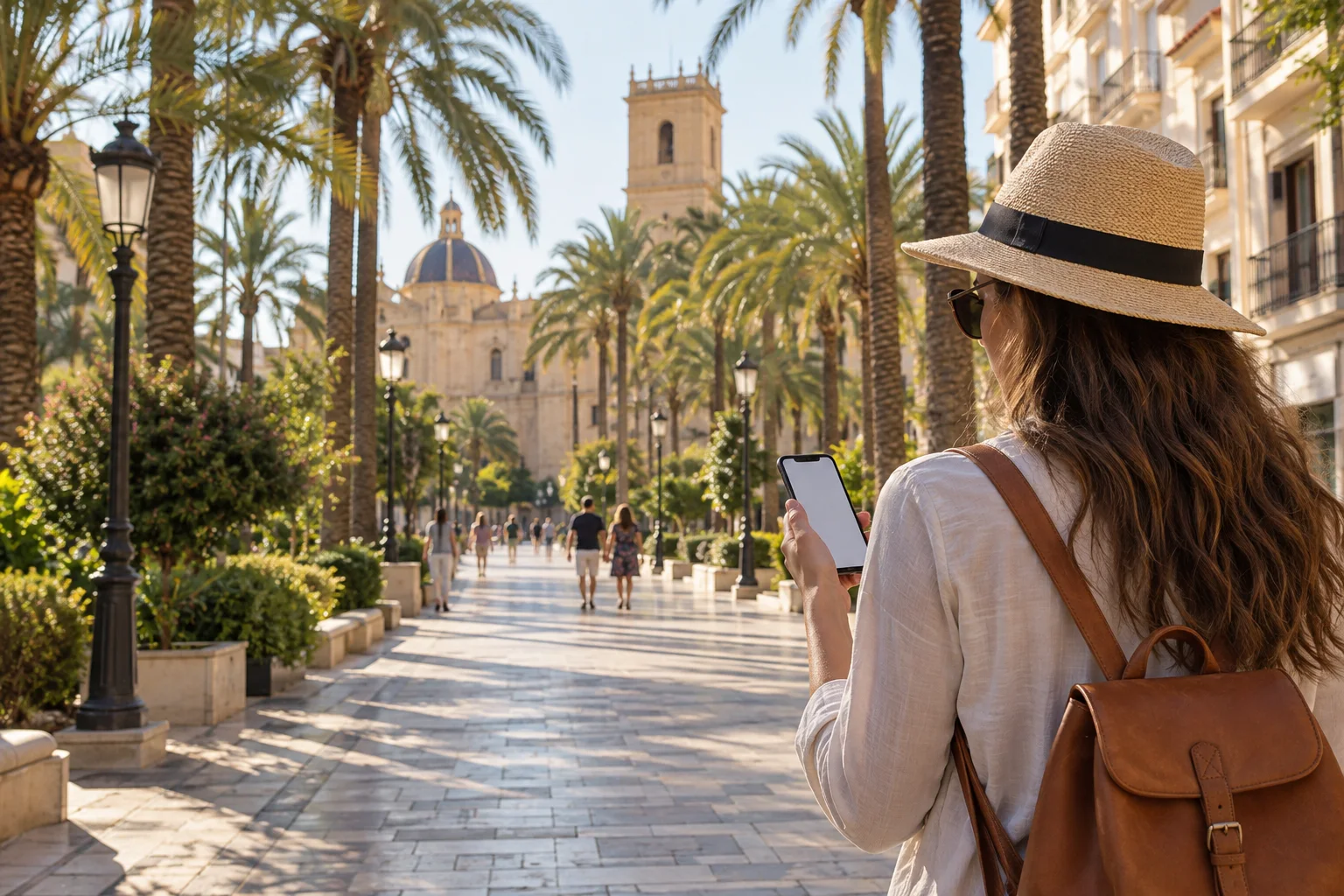 Persona consultando indicaciones en un paseo con palmeras de Elche